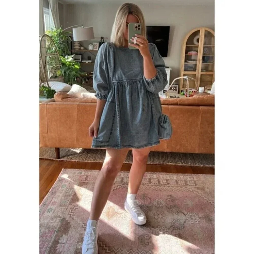 Free People Get Obsessed Cotton Denim Mini Dress Blue Size Small